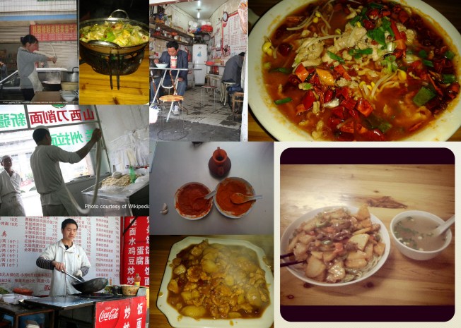 Top right clockwise: Sichuan dish shui zhu rou pian; la mian or pulled noodles from the Muslim noodle shop; and an assortment of scenes from various street vendors